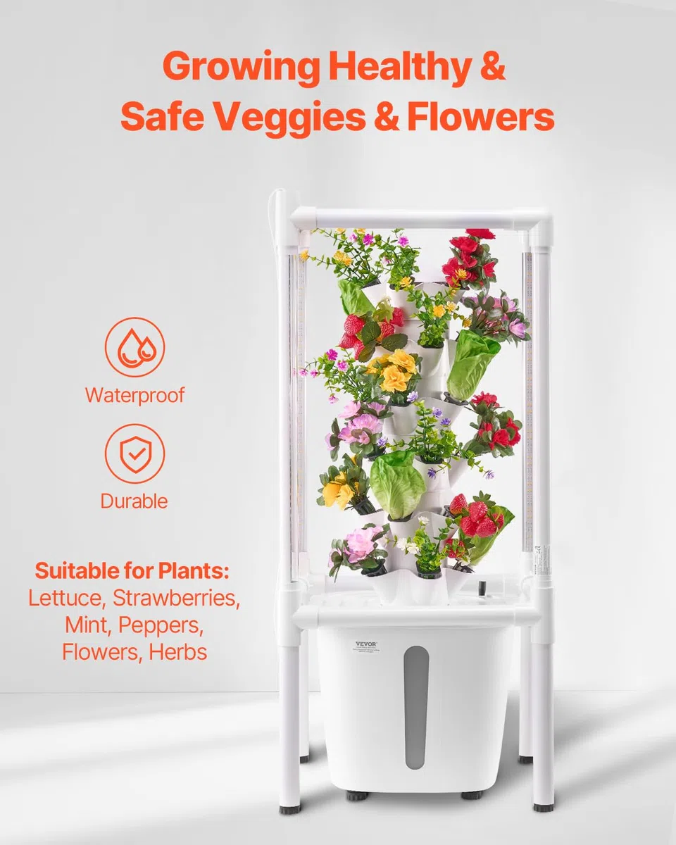 VEVOR Sistema di Coltivazione Idroponica, 30 Baccelli Verticali a 6 Livelli, Torre Idroponica Mobile con Pompa dell'Acqua e Luce, Germinazione Interna, per Erbe Aromatiche Frutta Verdura