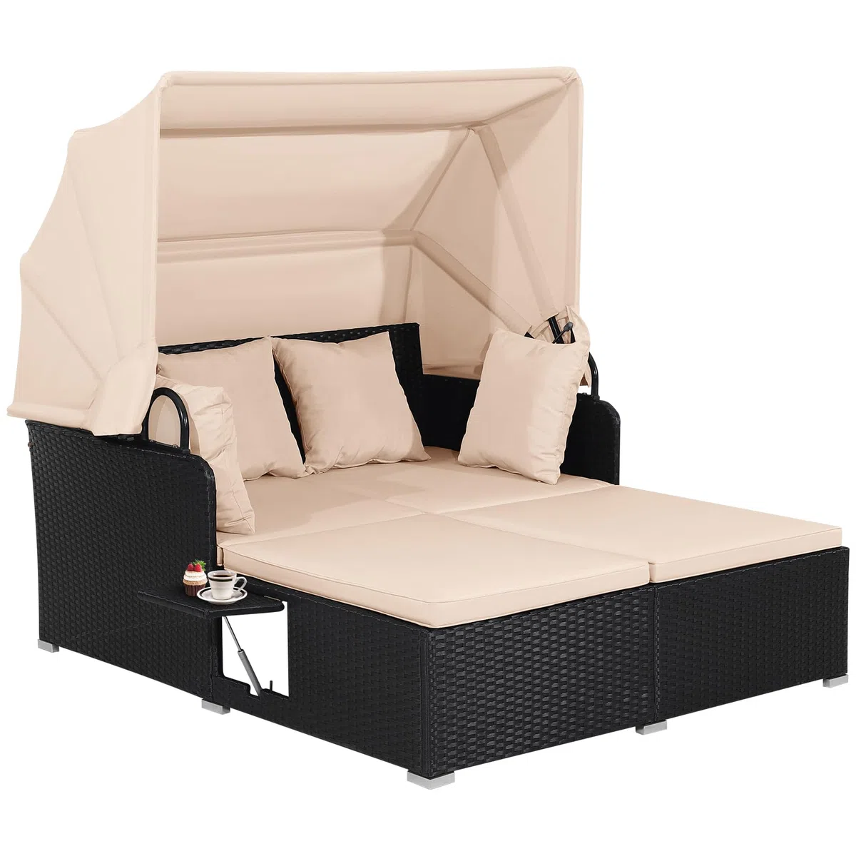 GIANTEX Lettino da Esterno in Rattan, Set di Divani da Patio con Tettuccio Retrattile e 2 Tavolini, Lettino da Esterno con Morbidi Cuscini e Ampia Superficie di Sdraio, 3 Colori (Beige)