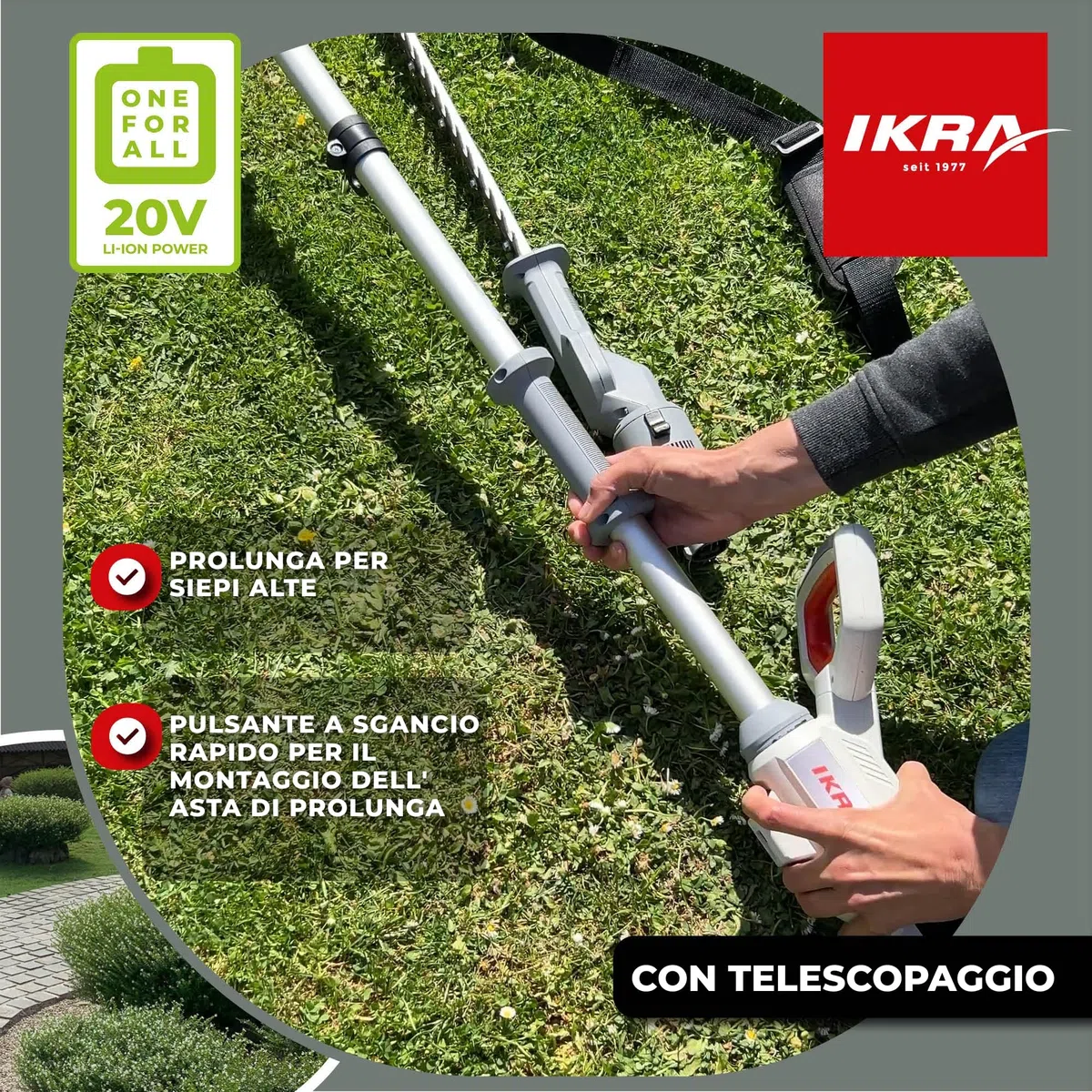 IKRA tagliasiepi ICPH 2050 2in1 con asta telescopica, incl. 2 batterie 20V 2,0Ah, stazione di ricarica rapida e tracolla