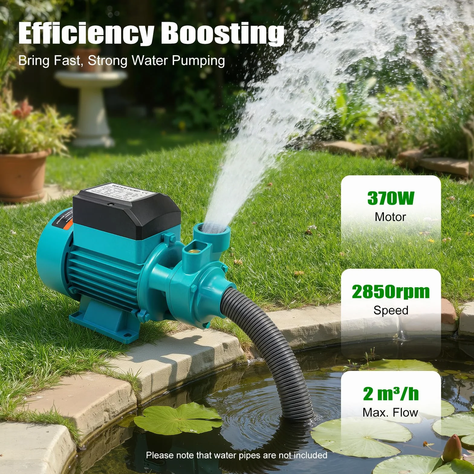 Pompa da Giardino 370W 220V, Pompa ad Alta Pressione Silenziosa 2000 l/h, 38 m di Altezza di Sollevamento Pompa per Acqua Domestica Pompa di Irrigazione Pompa Elettrica