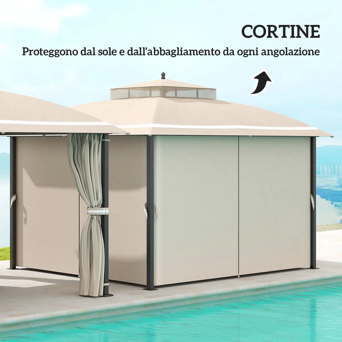 Outsunny Gazebo da Giardino 3.7x3m con Zanzariere, Doppio Tetto, Fori di Drenaggio e Pareti Laterali, Gazebo da Esterno in Metallo e Poliestere, per Giardino, Feste, Campeggio, Protezione UV, Beige