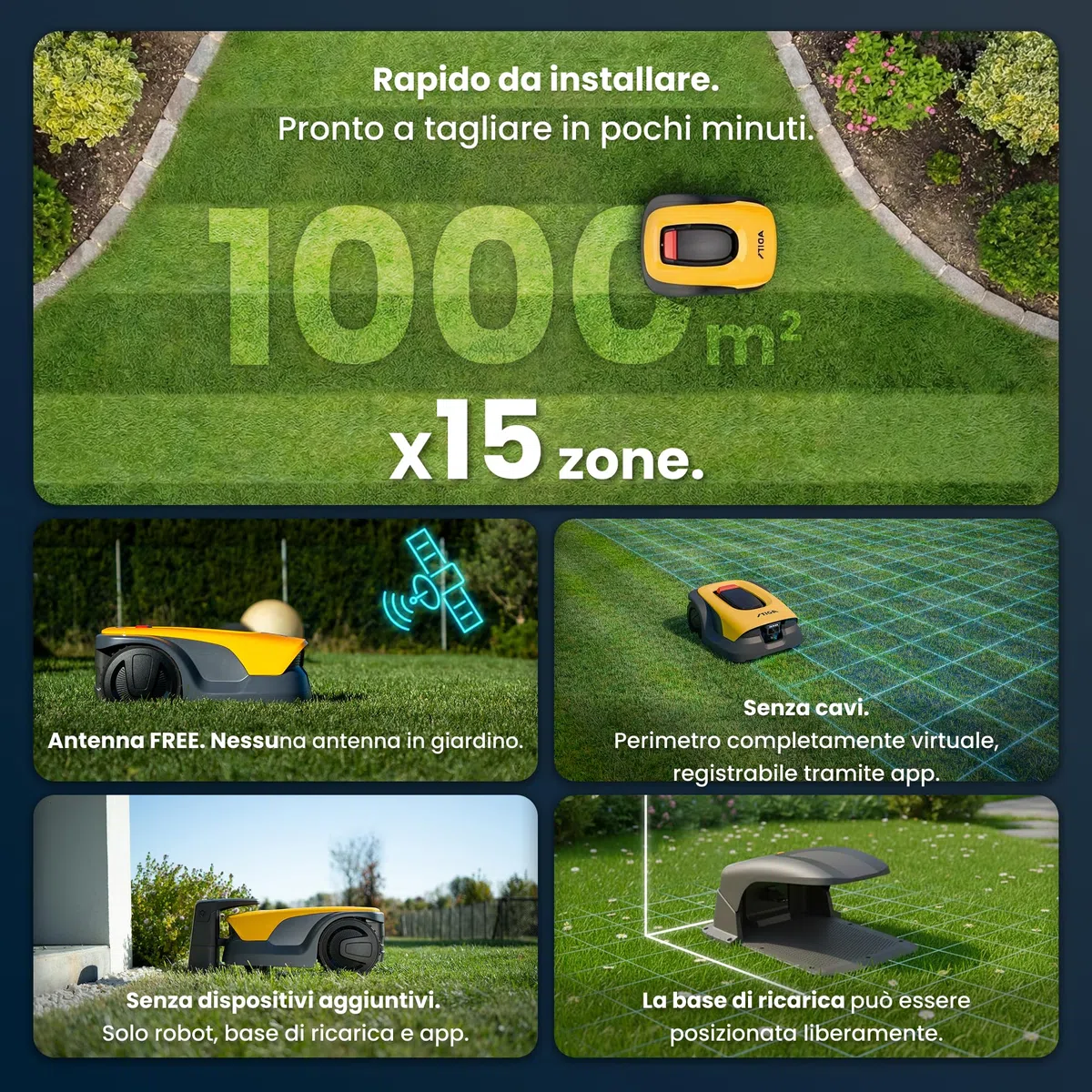 STIGA A 10v a Robot Tagliaerba, 25,2 V, 18 cm – Telecamera AI Integrata, Navigazione Autonoma Senza Cavi, App STIGA.GO – Prati fino a 1.000 m²