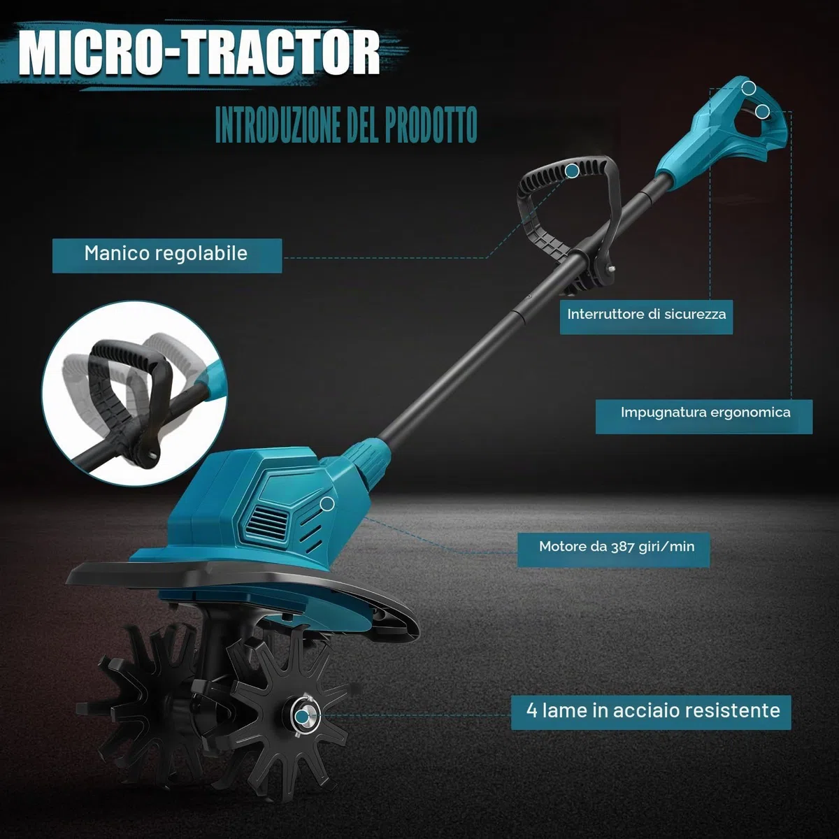 Motozappa senza fili per Makita 18V Batteria, Motozappa a Batteria con Motore Brushless, Altezza Regolabile, larghezza di lavoro 20 cm, profondità di lavoro 18 cm, per Giardini e Cortili