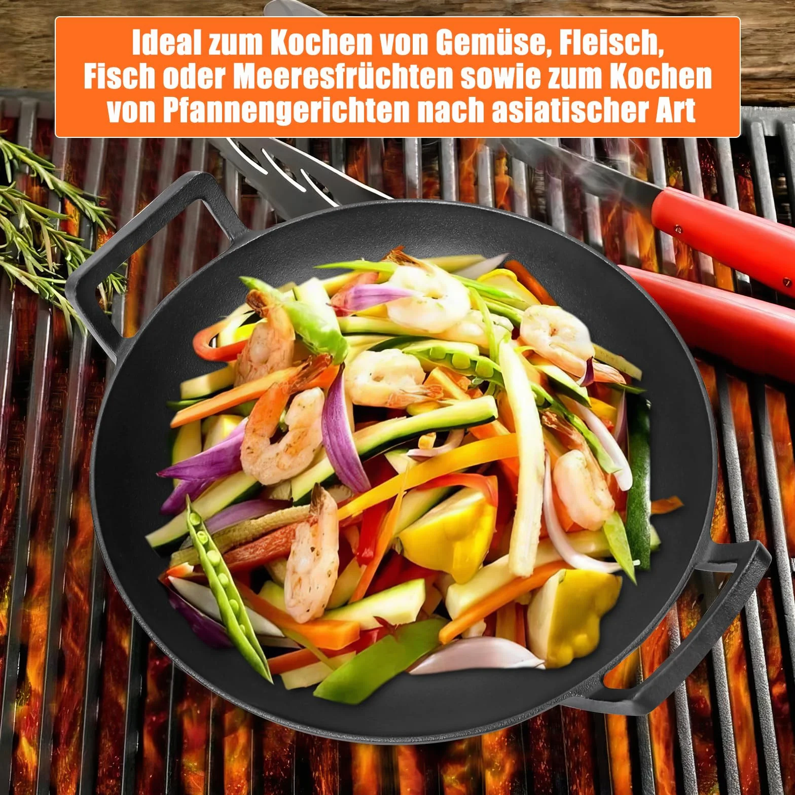 GFTIME Wok in ghisa Ø 36 cm universale per barbecue a gas, grill, induzione, fuoco, Weber Spirit, Genesis gourment, Enders, Weber da 57 cm, pre-stagionata, resistente al calore, non stick, Ø 36 cm