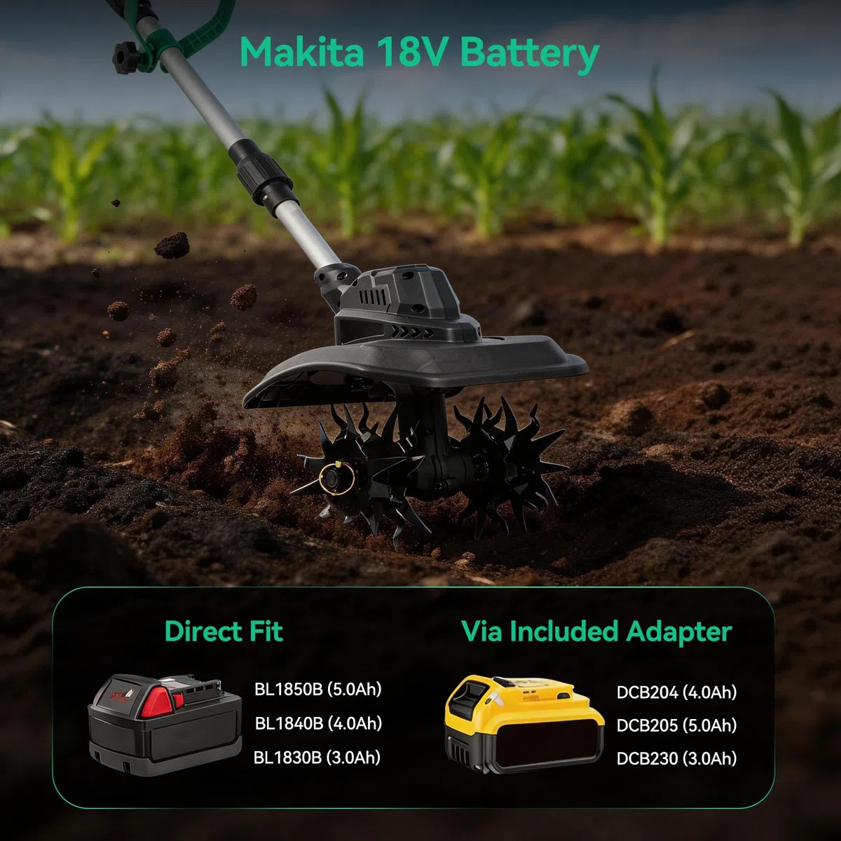 Motozappa a Batteria con Tracolla & Display Digitale | Motore Brushless 500W | Larghezza 23cm | Compatibile Batterie Makita 18V & DeWalt 20V | Motocicletta elettrica senza fili 21 V