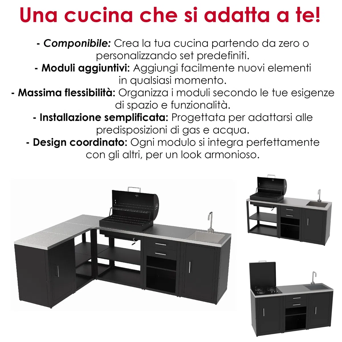 Cucina Modulare per Esterno in Acciaio e Acciaio Inox – Vari Moduli componibili Fornello, Lavello, Barbecue, Piani - Componi la Tua Cucina (Modulo Piano con scaffale Aperto)