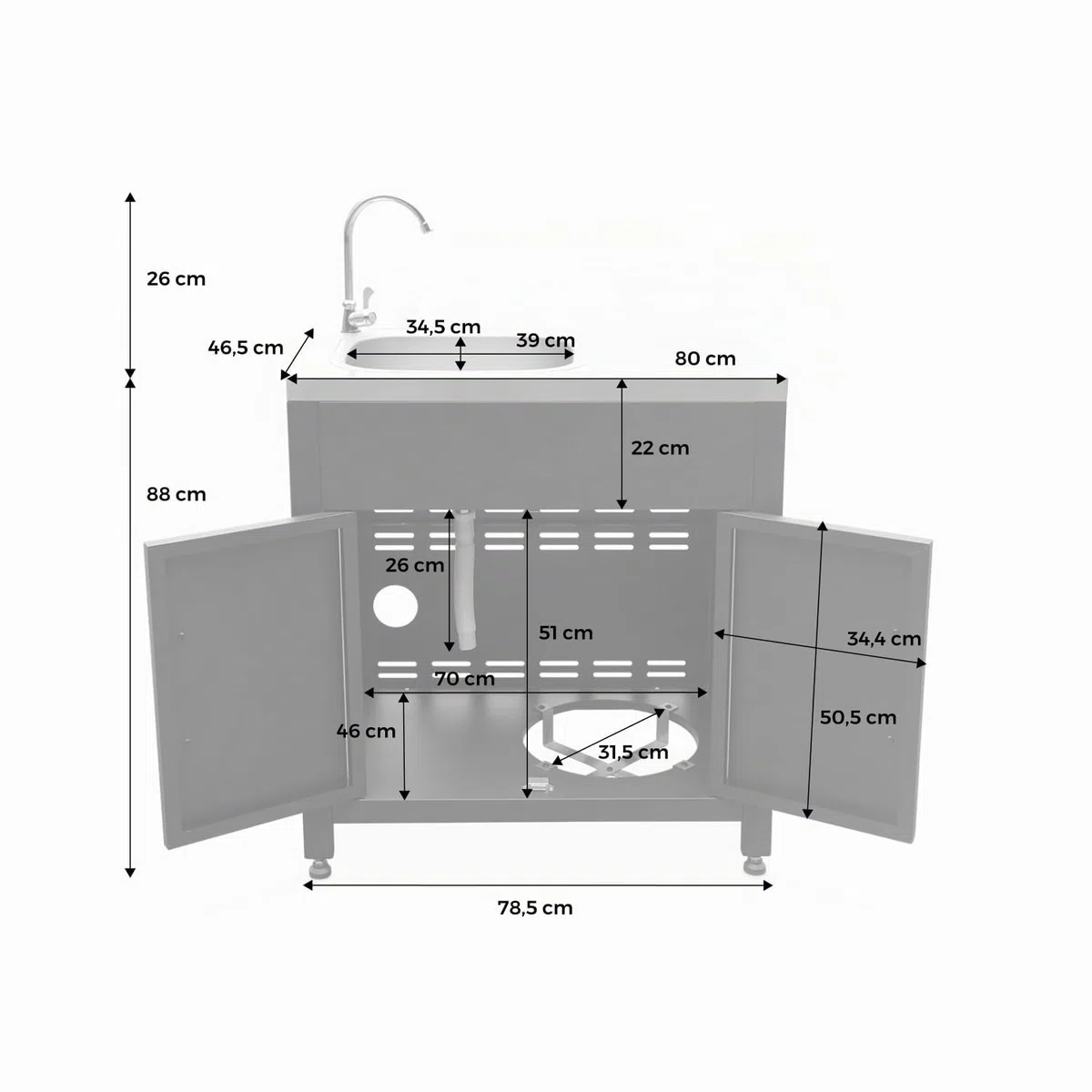 Modulo cucina da esterno in acciaio con lavello, 80cm Nero - 70x46x51 cm