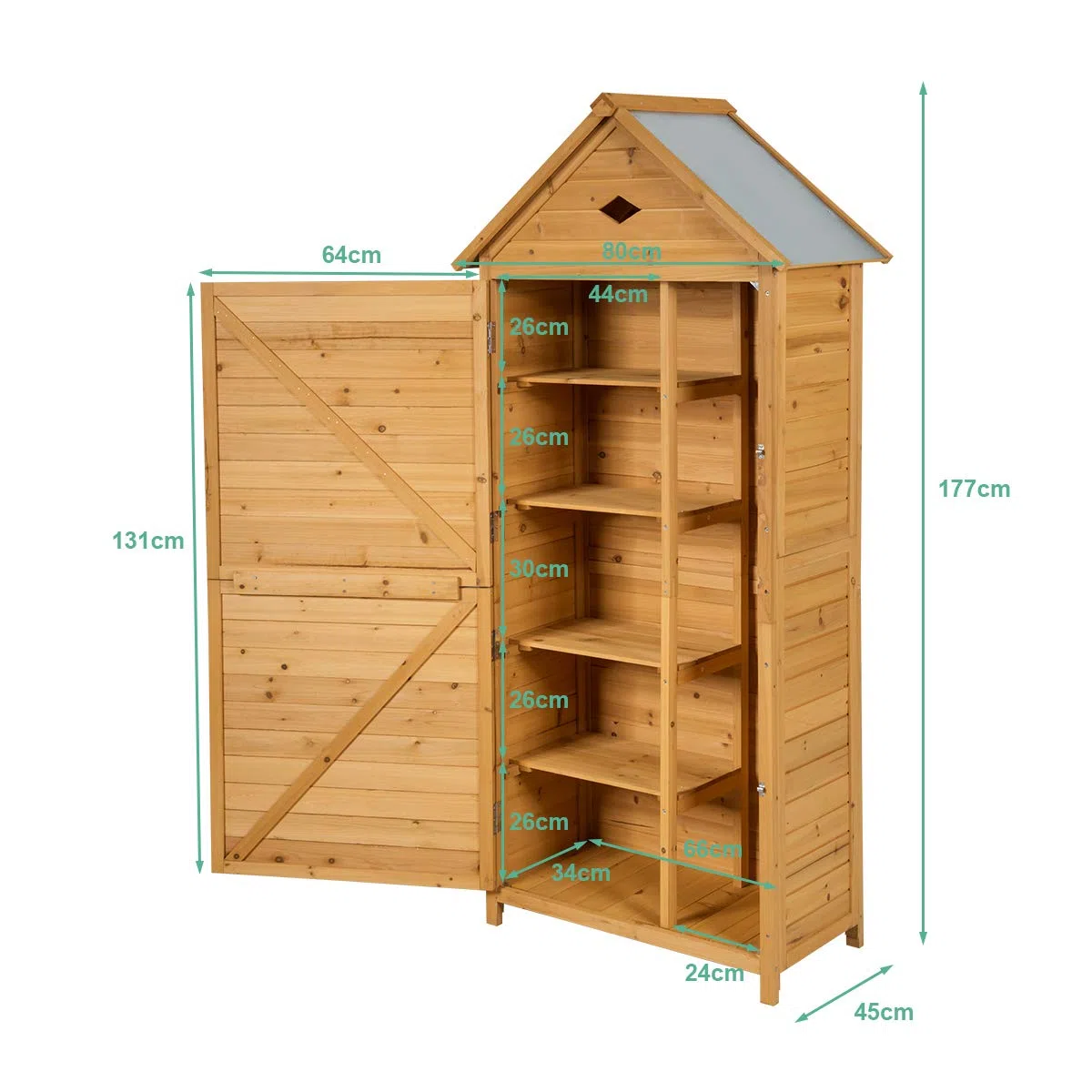 GIANTEX Cassetta Attrezzi 80 x 45 x 177 cm, Armadio da Esterno Portastrumenti a 5 Ripiani Box Casetta Ripostiglio Porta Attrezzi da Giardino in Legno Massello di Abete