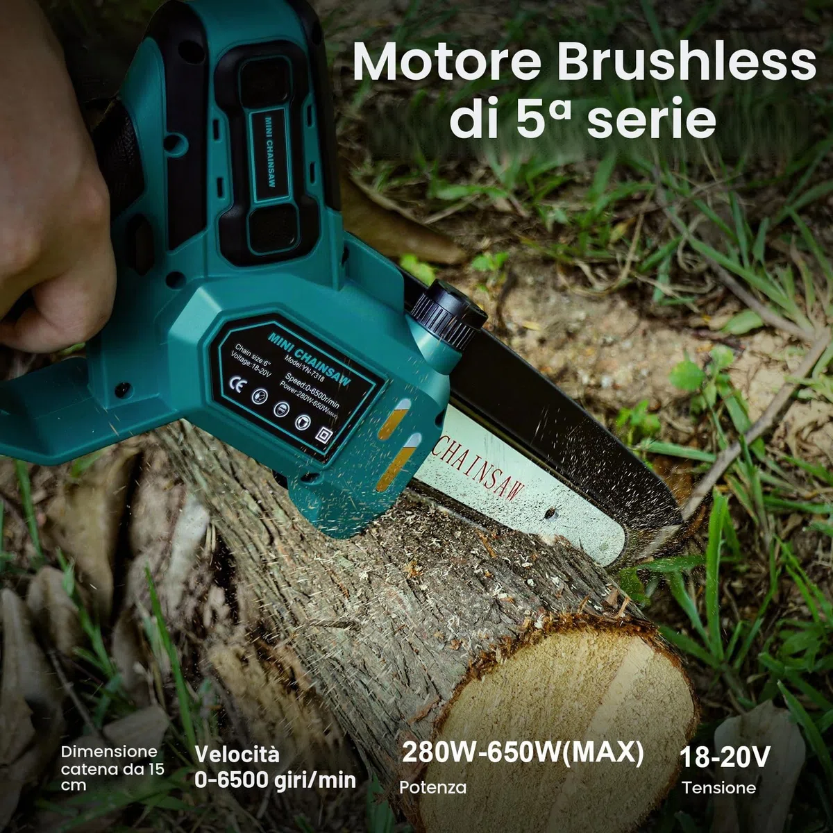 Mini motosega 15 cm compatibile con batteria Makita 18V, motosega da potatura brushless con lubrificazione automatica per taglio del legno e giardinaggio (senza batteria e olio catena)