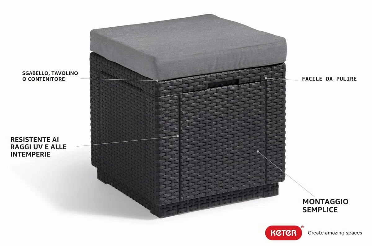 Allibert by Keter Cube - Sgabello con vano portaoggetti, con Coperchio Rimovibile, Effetto Rattan Piatto, Resistente alle intemperie, 42 x 42 x 39 cm, Colore: Grigio