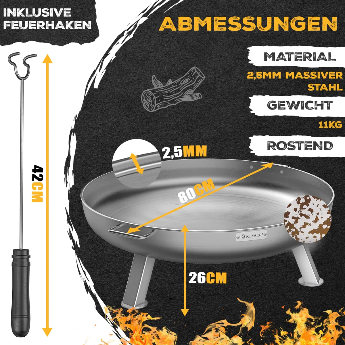 KESSER Braciere da 2,5 mm di spessore, in acciaio legato, Ø 80 cm, braciere con gancio da 42 cm, scarico dell'acqua in ghisa e 2 maniglie stabili, braciere per camino in legno e carbone, per giardino