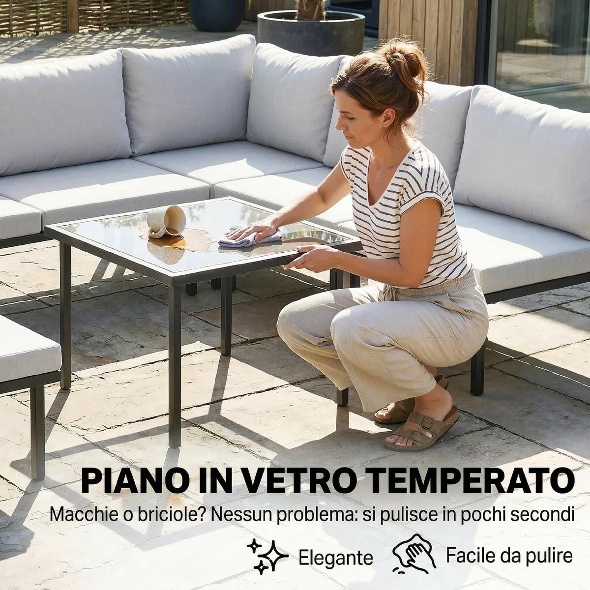 Outsunny Set Salotto da Giardino 6 Pezzi, Set di Mobili da Giardino Angolare con Divano 2 Posti, 3 Sedie, Poggiapiedi, Tavolino in Vetro, Cuscini, Salottino da Esterno ad L in Metallo, Grigio Chiaro