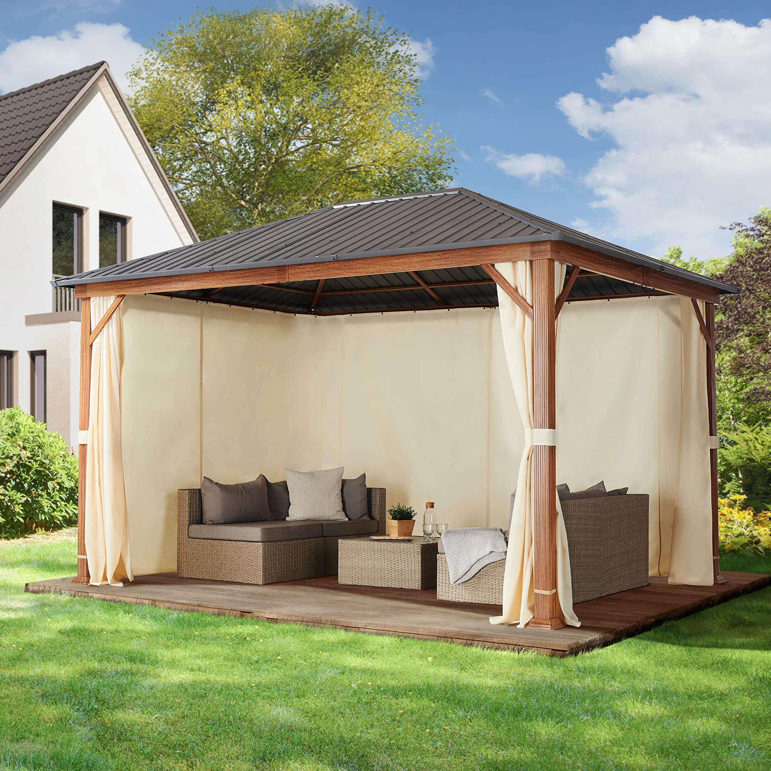 TOOLPORT Gazebo da Giardino 3x4 m Look Legno, Tetto Hardtop in Acciaio, 4 Teli Laterali Color Crema