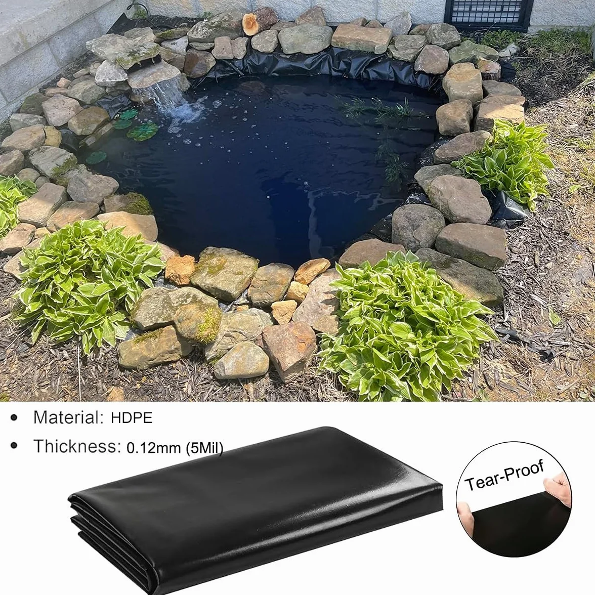 Fodera per Laghetto in HDPE Telo per Laghetto 10x12m 15x15m 1x2m 3x4m 5x6m 7x8m Giardini Acquatici Rivestimento per Laghetti Resistente Ai Raggi UV 0.12mm Spessore(5x10m)