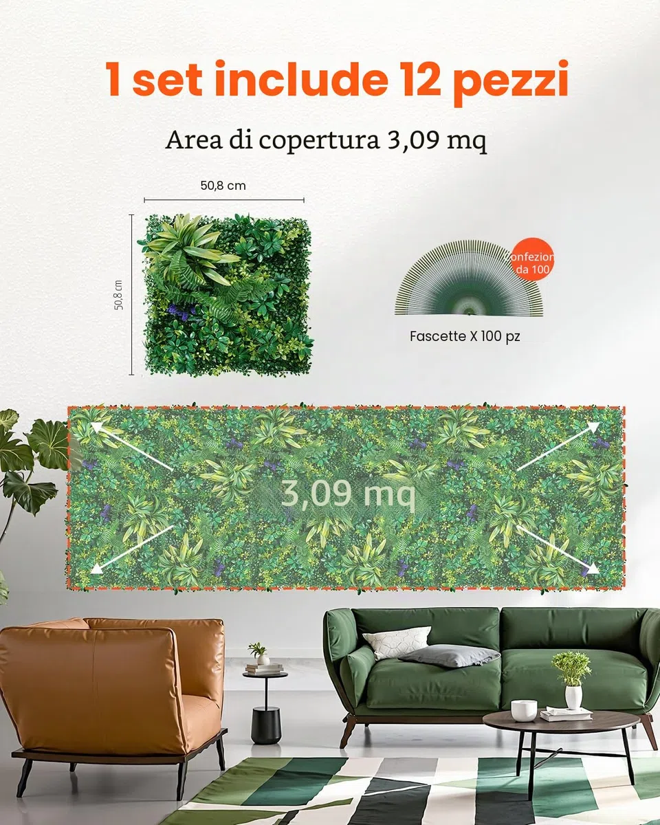 VEVOR Pannelli da Parete in Erba Artificiale 500 x 500 x 50 mm 12 Pezzi, Pannello di Bosso Verde Combinato 3D per Decorazioni Verdi per Interni ed Esterni e Copertura di Recinzione in Edera, Verde