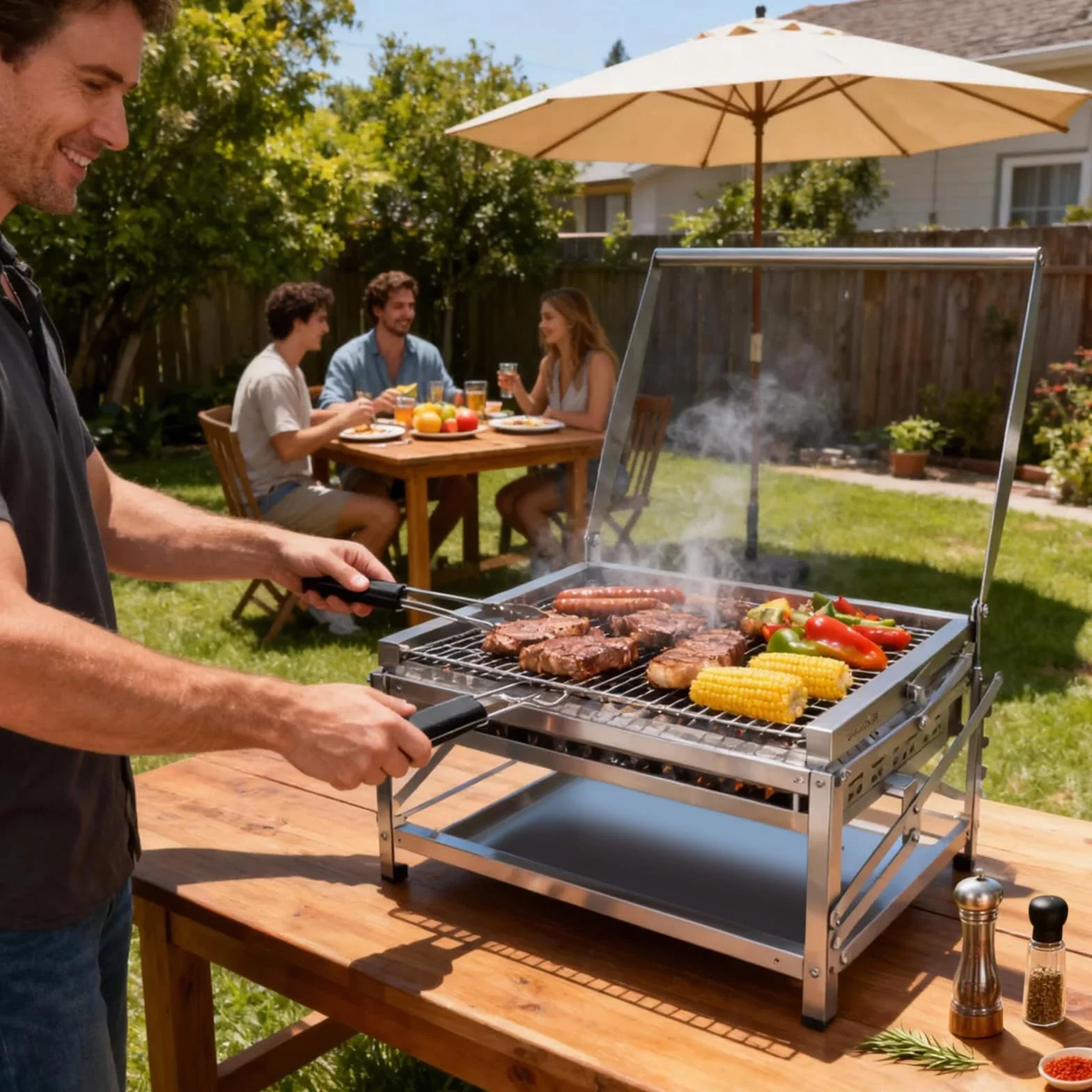 Ergocar Barbecue a Carbonella - Multifunzionale Da Esterno Portatile Ruotabile Con Vassoio a 4 Livelli Regolabile In Altezza Ideale Per Affumicare All'Aperto, Picnic, Campeggio e Barbecue
