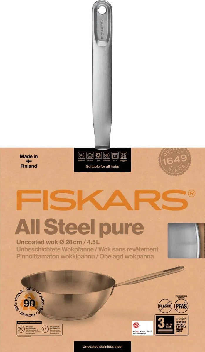 Fiskars Wok, Ø 28 cm / 4,5 L, All Steel, Padella non rivestita, Adatto a tutti i piani cottura, Acciaio inossidabile riciclato, Argento, 1065629