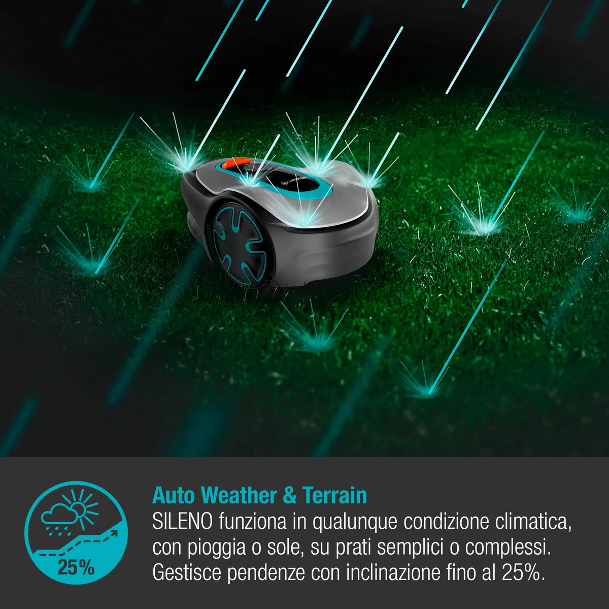 Gardena Robot Rasaerba Sileno Minimo, per Superfici Fino a 500 mq, Pendenza Fino a 25%, Controllo Via App Bluetooth, Altezza di Taglio 20-45 mm, Adatta I Tempi di Taglio Alla Crescita (15202-34)