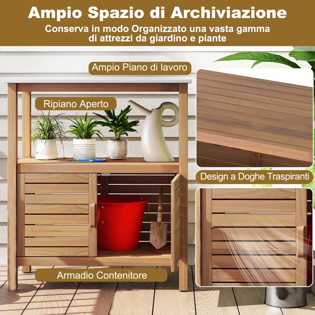 COSTWAY Armadio da Esterno Impermeabile in Legno di Acacia, Mobile Esterno Balcone con Piano di Lavoro in Resina, 2 Ante Persiana e Ripiano Aperto, per Piante e Attrezzi, Naturale, 80 x 40 x 90,5 cm