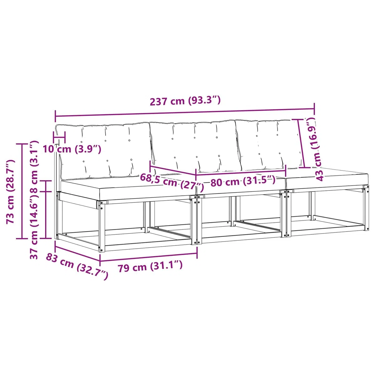 vidaXL 3 Pezzo Divano Centrale per Esterno, Set da Giardino in Legno di Acacia, mobili Moderni, Resistenti alle intemperie, Relax Versatile per Il Balcone