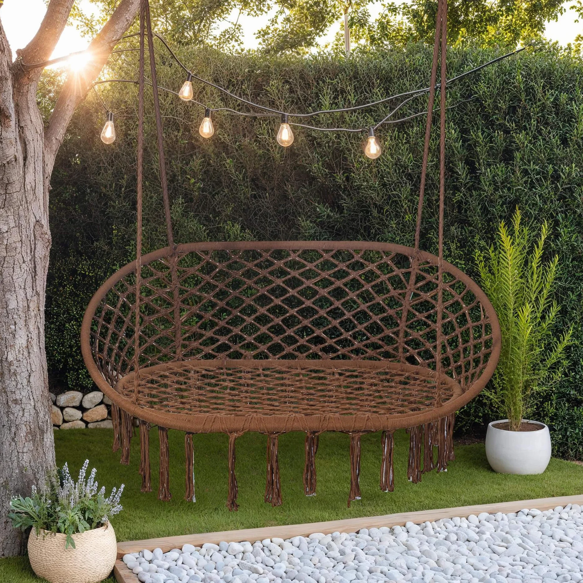 Rebecca Mobili Divano a Dondolo 2 Posti, Sedia Sospesa Relax, Marrone, Acciaio Policotone, 2 Posti, per Giardino Salotto - Misure HxLxP: 150 x 130 x 70 cm - Art. RE7174