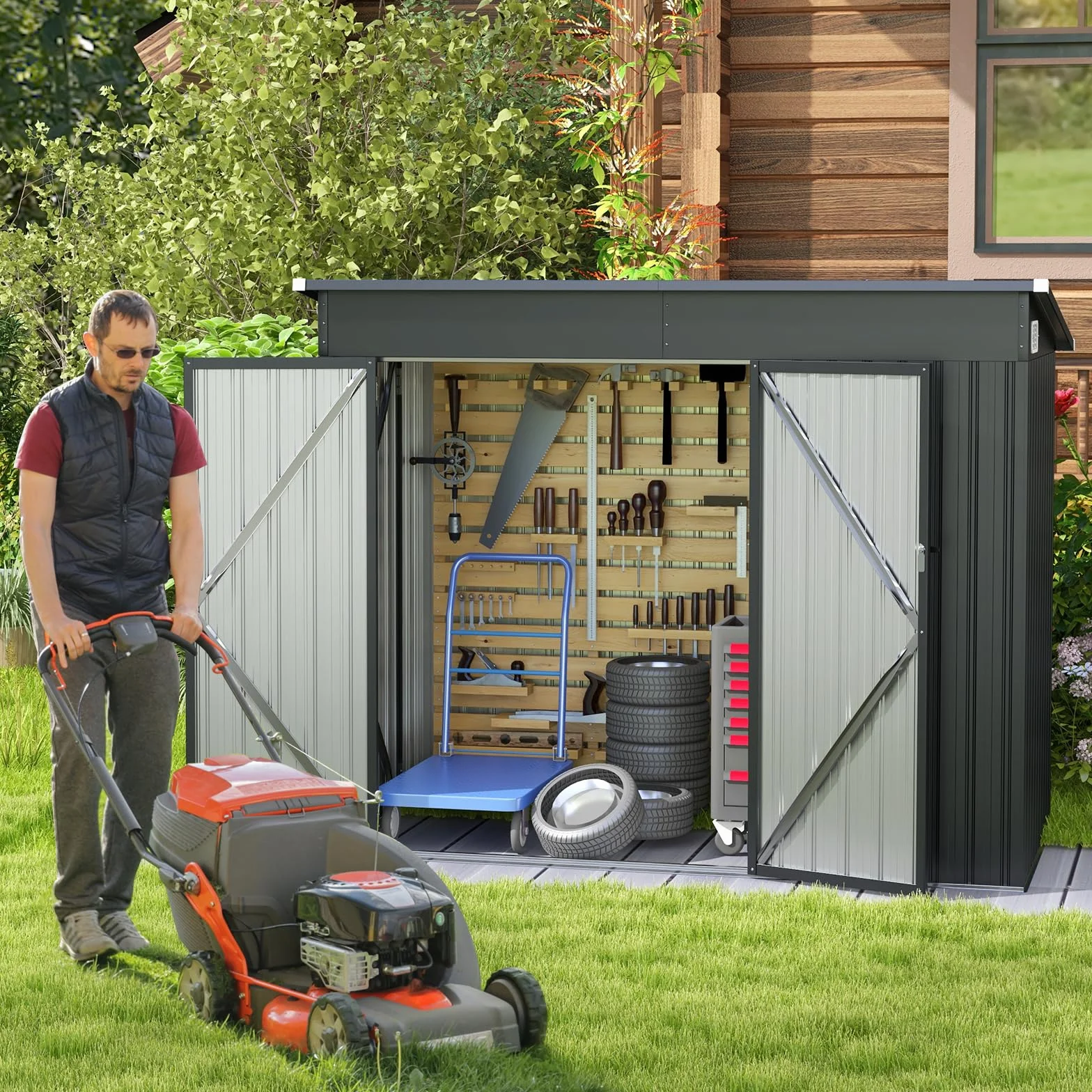 HOMASIS Casetta Attrezzi Giardino in Metallo, Capanno per Attrezzi con 2 Porte e 2 Finestre per Ventilazione, 235 x 117 x 185 cm, Ripostiglio da Esterno con 2 Paia di Guanti (Grigio Scuro)