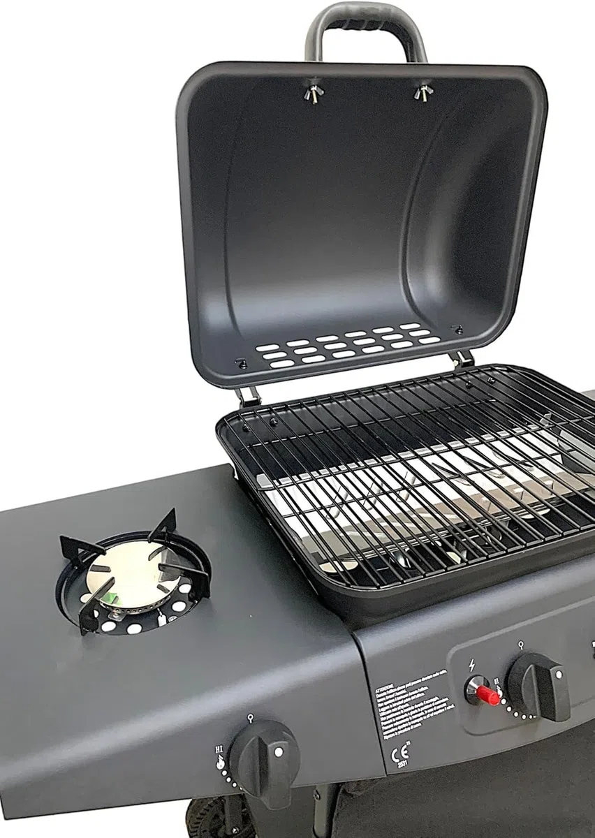 Barbecue a Gas con 2 Fuochi, Piano Laterale e Fornello, Griglia in Acciaio, a Pietra Lavica e Ruote per Trasporto Ideale per Giardino e Terrazzo