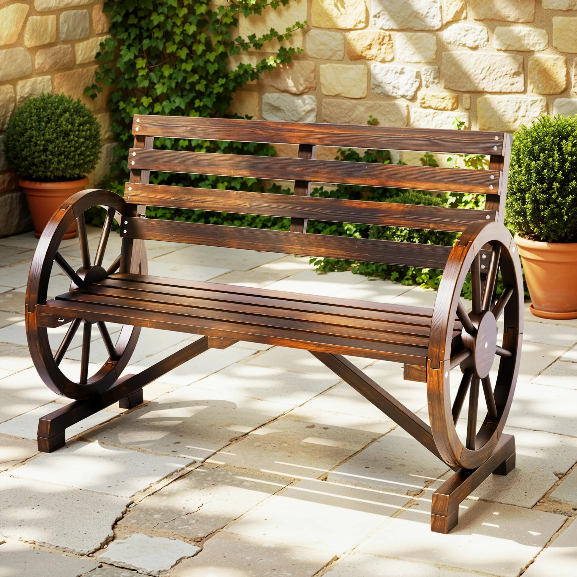 Panca da esterno a 2 posti, resistente alle intemperie, con braccioli a forma di ruota, in legno con schienale, in stile country, per patio, giardino, parco, 105.5 x 56 x 79 cm.