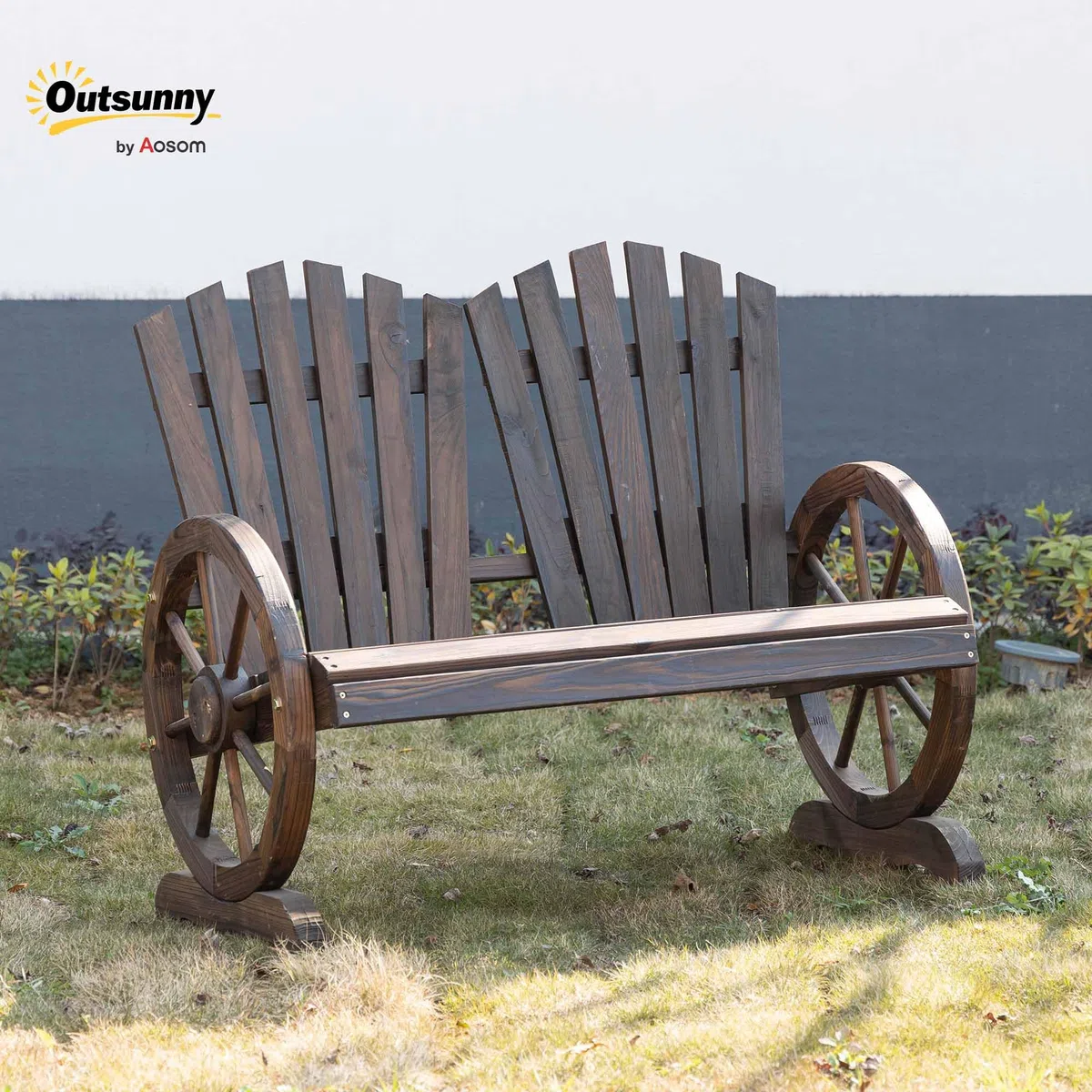 Outsunny Panchina da Giardino da 2 Posti con Braccioli a Forma di Ruota, Panchina da Esterno a Doghe in Legno di Abete, Panca per Terrazza Patio e Cortile, 108x66x95 cm, Carbonizzato