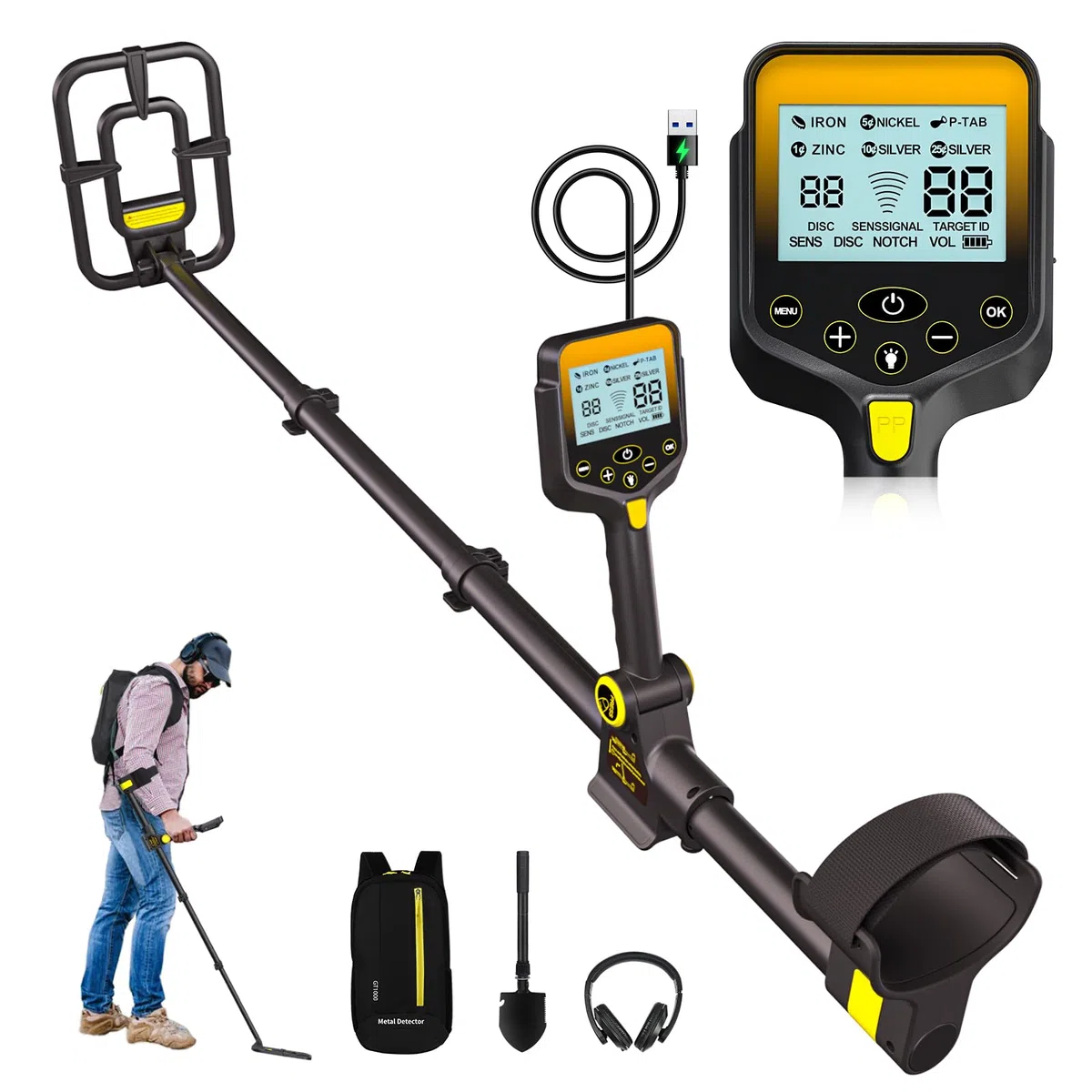 Metal Detector Professionali - 2000mAH Ricaricabile Metal Detector Oro per Adulti con Display LCD, Alta Precisione, Bobina di Ricerca IP68 Impermeabile da 10", Pieghevole e Retrattile