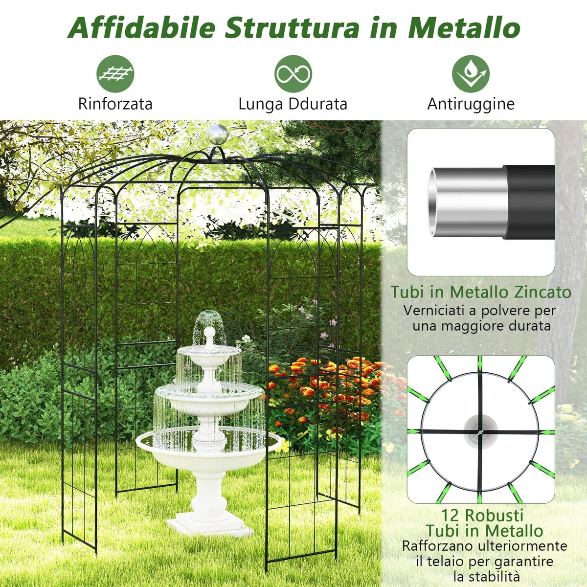 COSTWAY Traliccio ad Arco in Metallo Zincato per Piante Rampicanti, Gazebo a Forma di Gabbia per Uccelli con Gancio e Paletti, Pergola da Giardino per Cerimonie, 198 x 284 cm, Nero