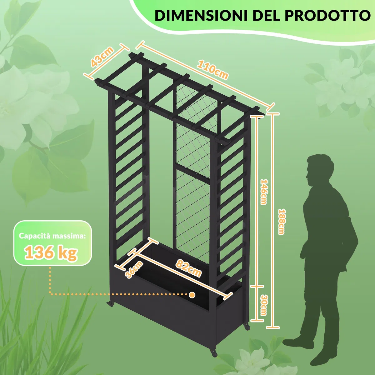 Aiuola rialzata con traliccio e tetto sospeso, fioriera in metallo indipendente con ruote, fioriera rialzata mobile per interni ed esterni per viti, piante rampicanti, fiori, per giardino, patio