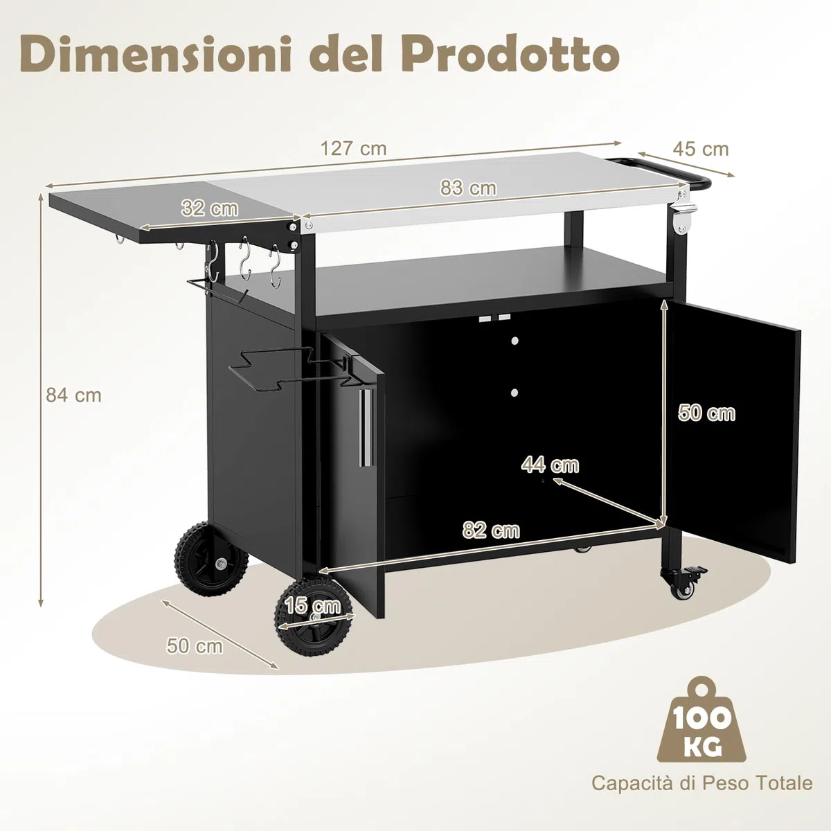 COSTWAY Carrello per Barbecue con 3 Ripiani e 2 Ante, Carrello da Cucina in Acciaio Inox e Ruote, Carrello Porta Griglia Multiuso con Tavolo Pieghevole e 6 Ganci, 127 x 50 x 84 cm