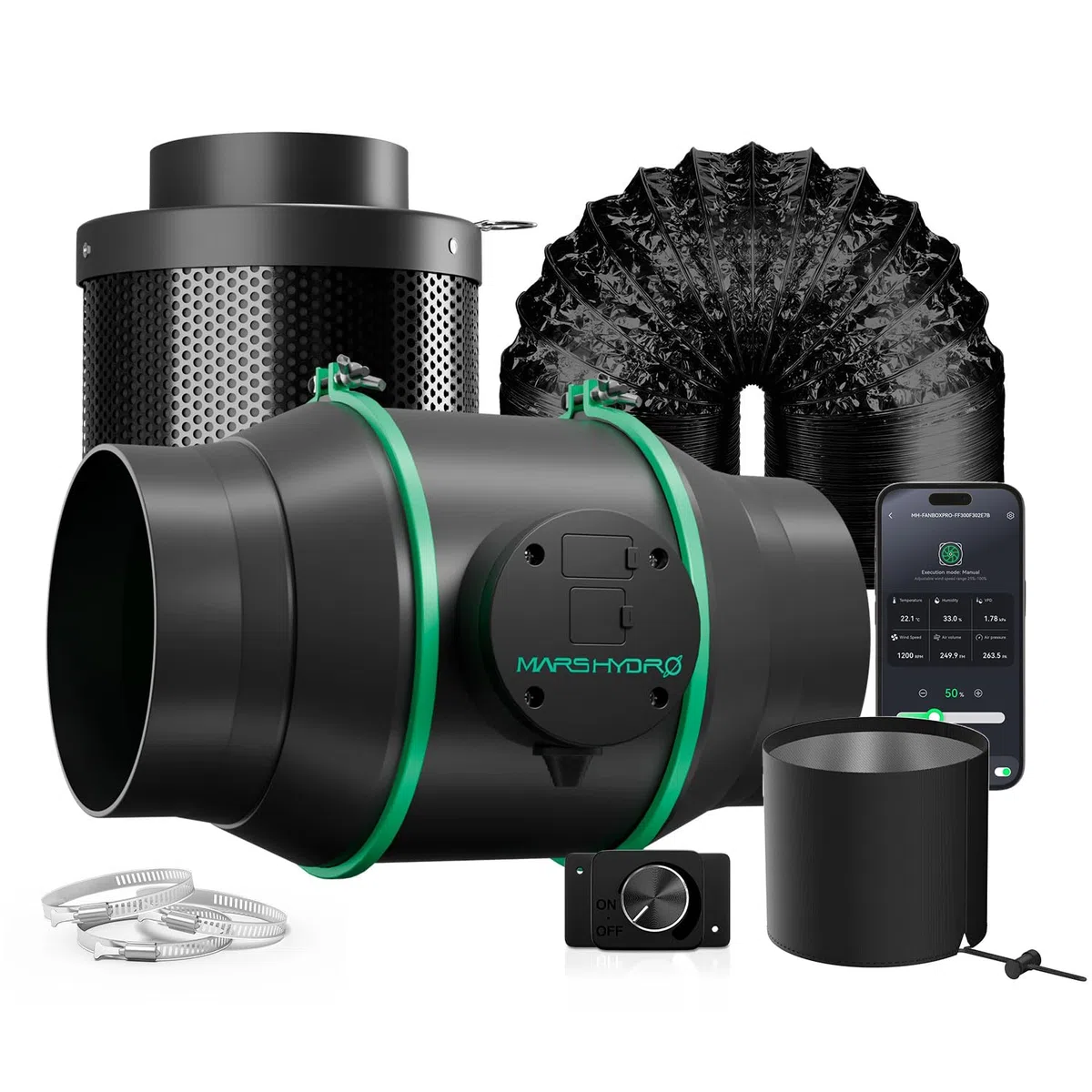 MARS HYDRO iFresh Ventilatore Assiale 6 Pollici Combo, Regolatore di Velocità, Filtro al Carbonio e Duttatura, Controllo APP tramite iConnect , Sistema di Raffreddamento e Ventilazione per Grow Tent