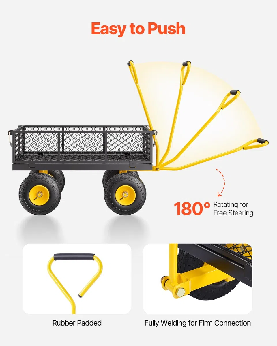 VEVOR Carrello da giardino in acciaio da 226,8 kg, resistente carrello da giardino estraibile su ruote, carrello da giardino in metallo con pneumatici da 25,4 cm, lati rimovibili in rete e manico