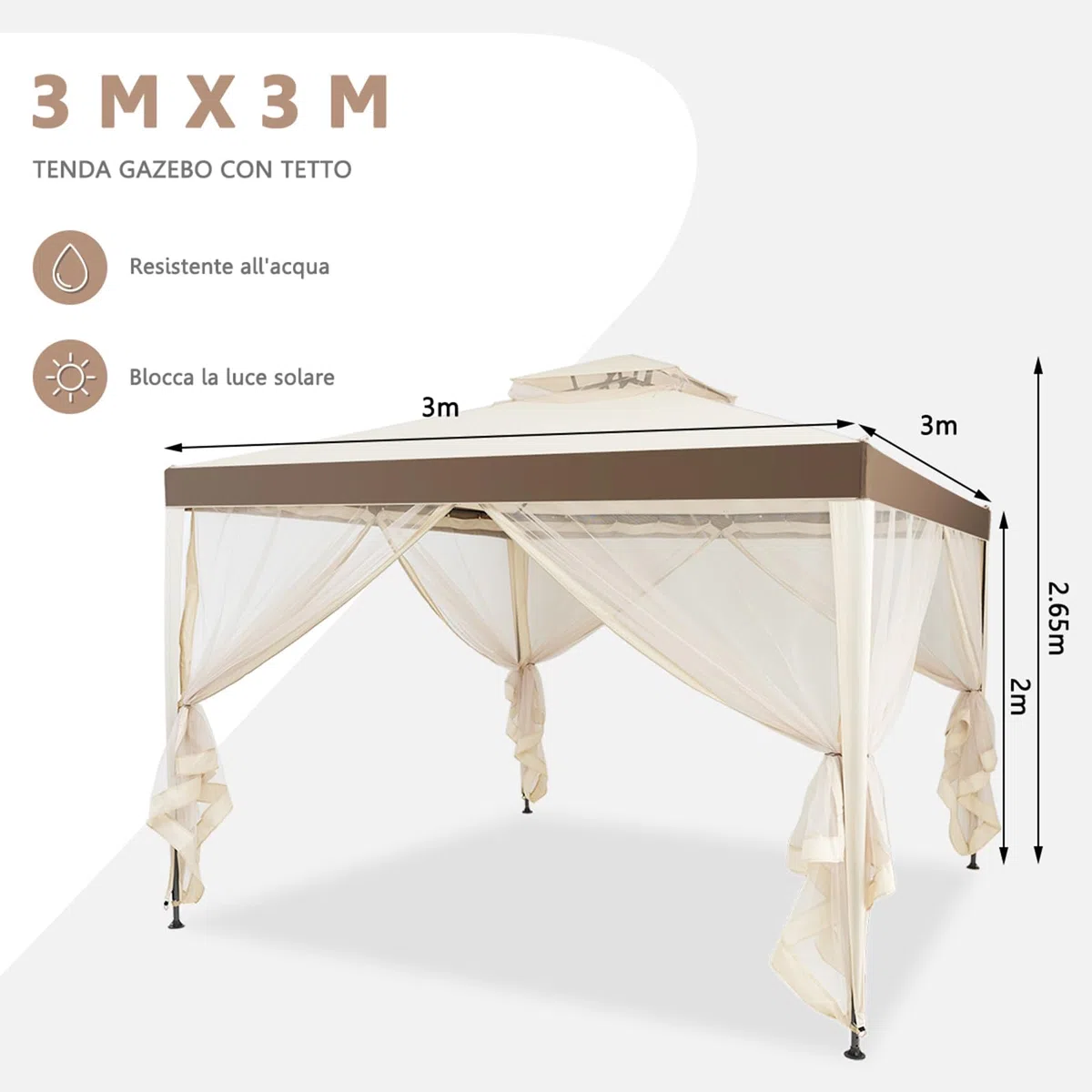 COSTWAY Gazebo da Giardino 3 x 3 m, Gazebo da Esterno con Zanzariera, Doppio Tettuccio e 4 Tendine Poliestere Laterali, Impermeabile, Struttura in Metallo, per Giardino, Patio e Cortile (Beige)