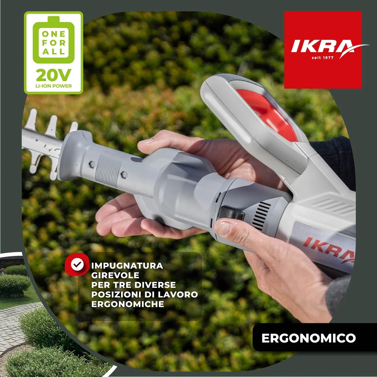 IKRA tagliasiepi ICPH 2050 2in1 con asta telescopica, incl. 2 batterie 20V 2,0Ah, stazione di ricarica rapida e tracolla