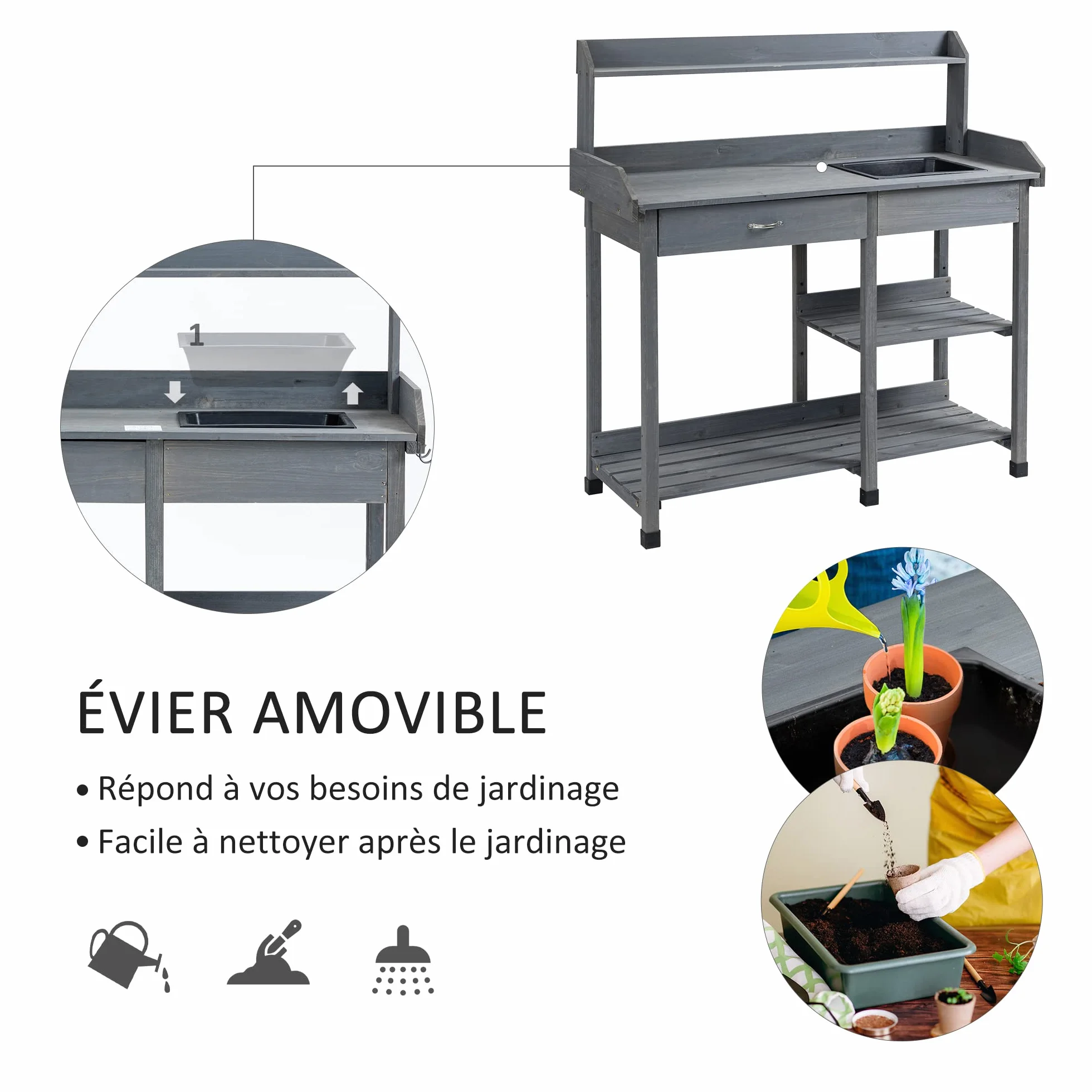 Outsunny Tavolo da giardinaggio multifunzionale con cassetto, 3 ripiani, lavello, 3 ganci - tavolo da giardinaggio in legno di abete preoliato grigio