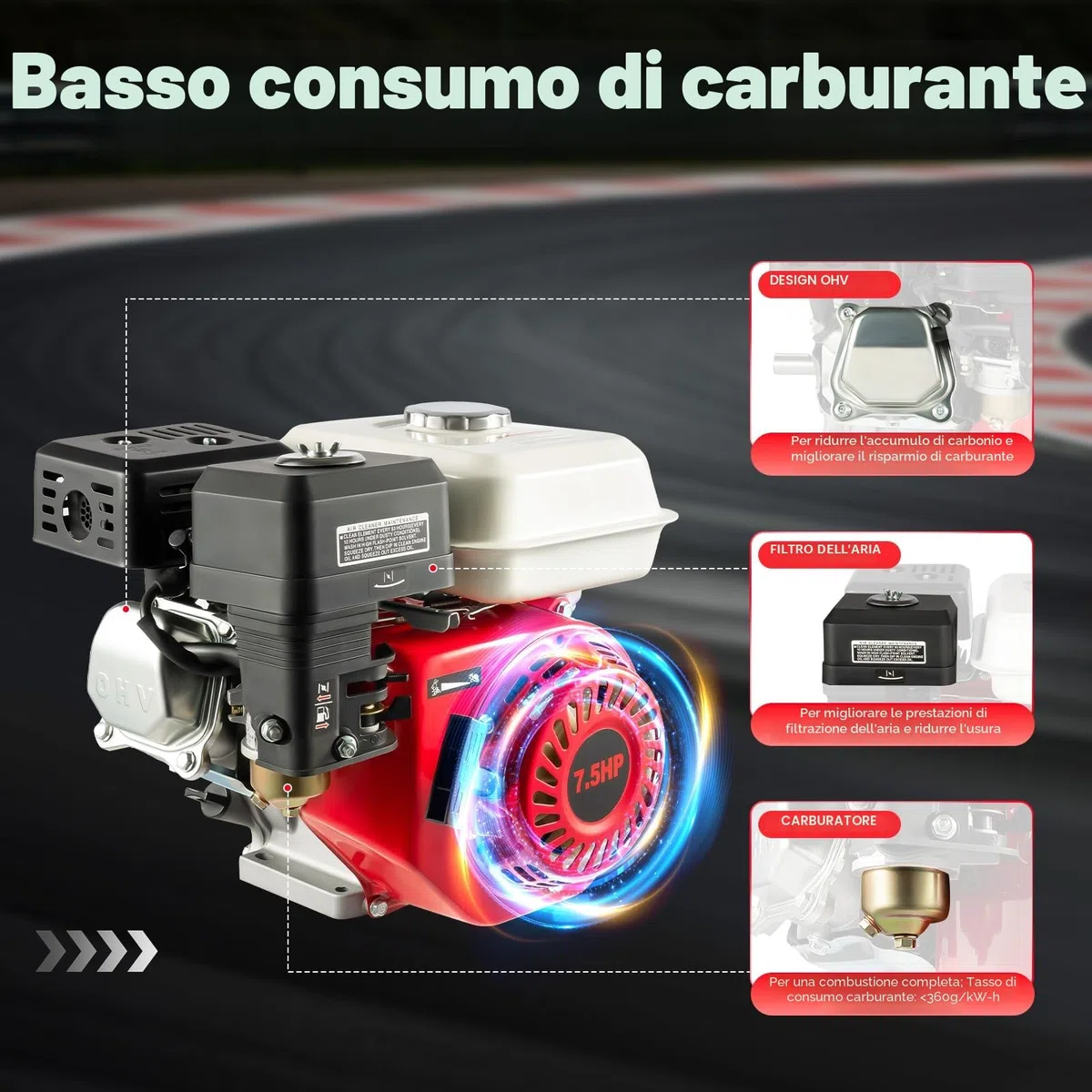 Motore a benzina 7.5 HP 4 tempi OHV motore a benzina 5.1 KW 3600 giri/min motore a terra con allarme olio (bianco rosso) (rosso e bianco)