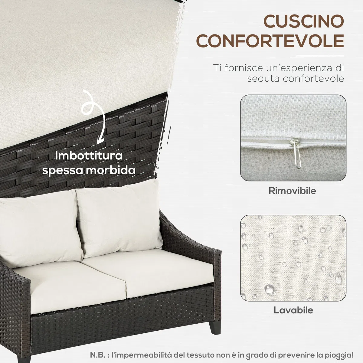 Outsunny Divano da Giardino 2 Posti in Rattan PE, Divano da Esterno con Cuscini Imbottiti e Piedini Regolabili, 132x70x74cm, Marrone