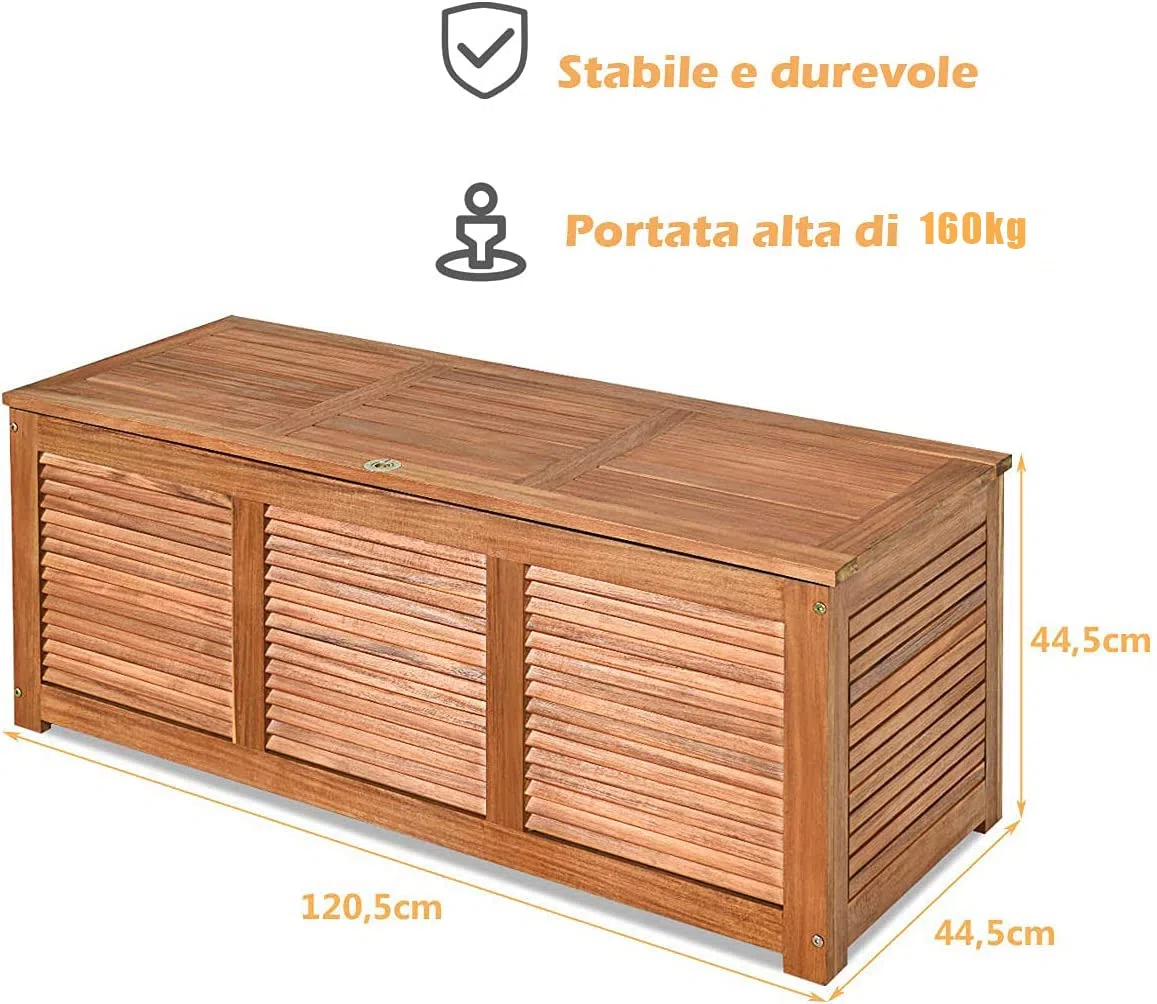 RELAX4LIFE Panca Baule in Legno di Acacia, Scatolone Rialzato a Doghe, Coperchio Ribaltabile con Maniglia ad Anello, Contenitore Portatutto da Interno Esterno, 120x45x45cm (Modello 1)