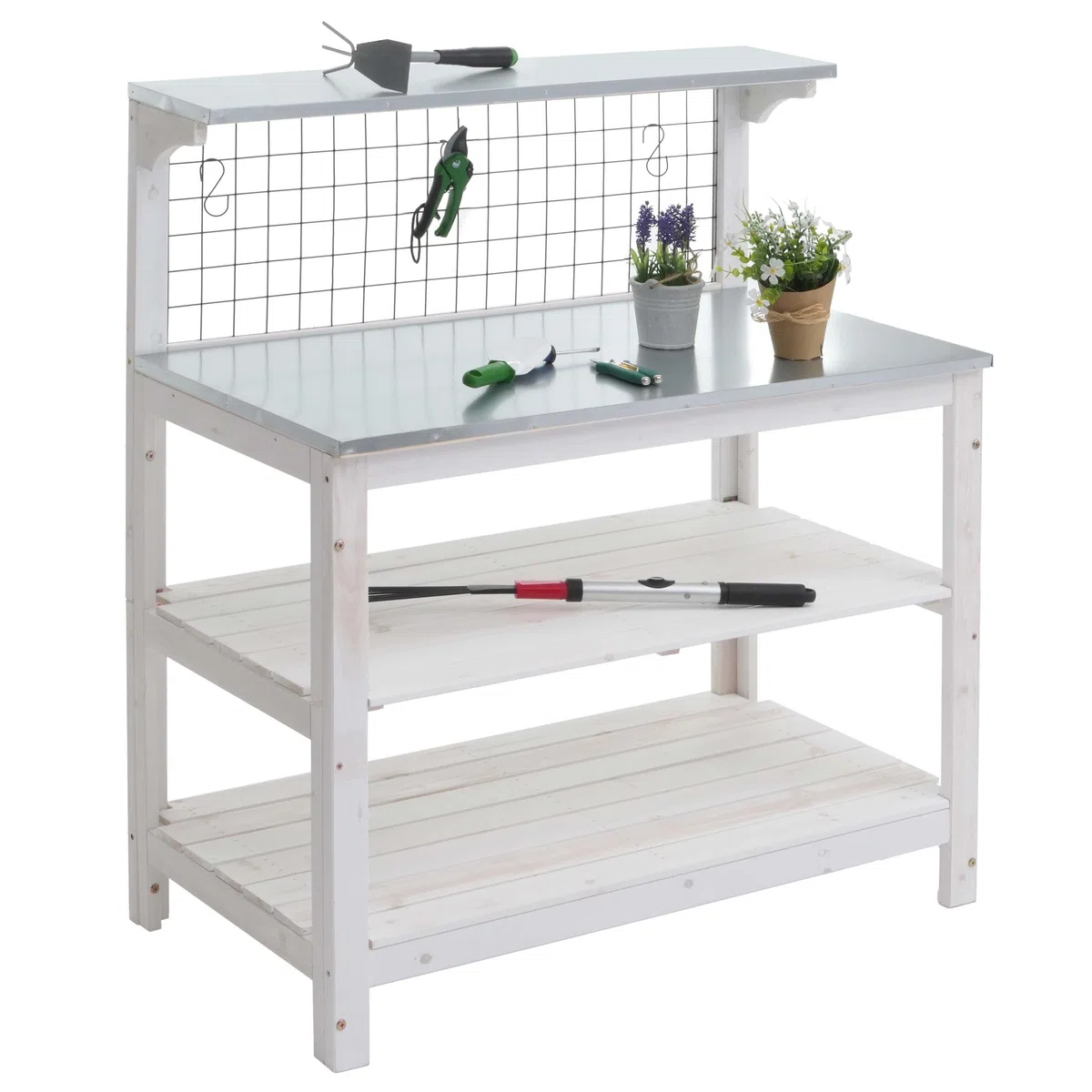 Mendler Tavolo giardinaggio piante HWC-N55, scaffale per fiori, piano zincato legno certificato MVG, 117x102x56cm - bianco
