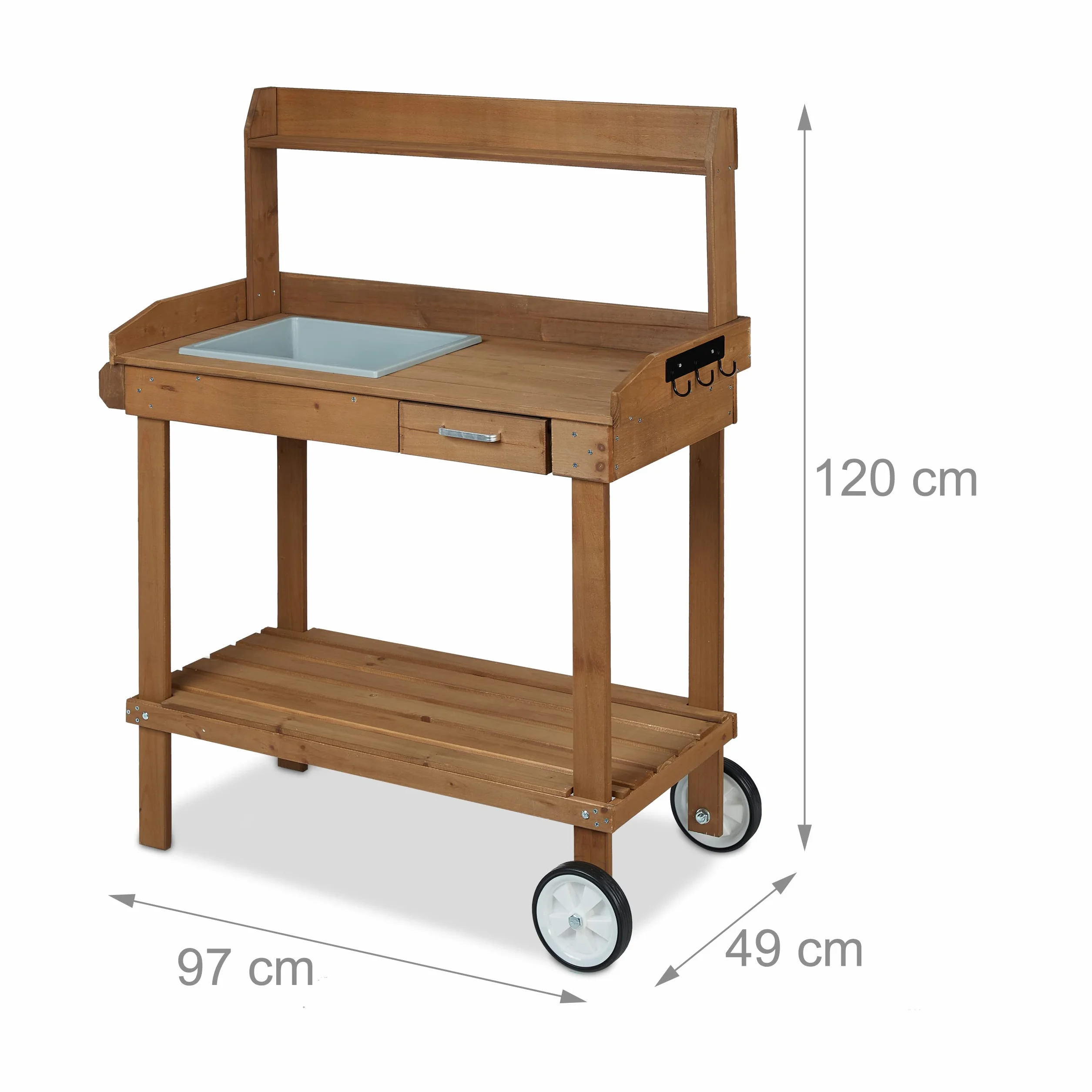 Relaxdays Tavolo da Lavoro per Giardinaggio, Ruote, Vasca, Cassetto, Ganci, Legno e Plastica, HLP 120x97x49 cm, Marrone