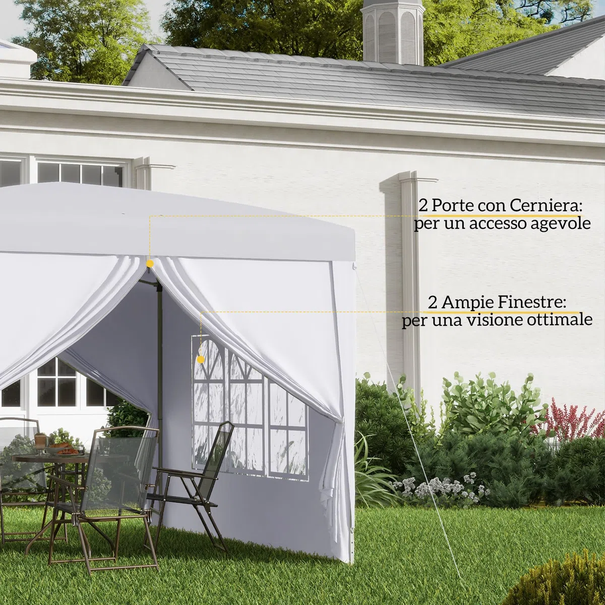 Outsunny Gazebo Pieghevole 3x3 Pop Up con 2 Porte e 2 Finestre, 4 Pannelli Laterali e Borsa da Trasporto, Gazebo da Esterno in Acciaio e Tessuto Oxford, per Giardino, Feste, Campeggio, Bianco