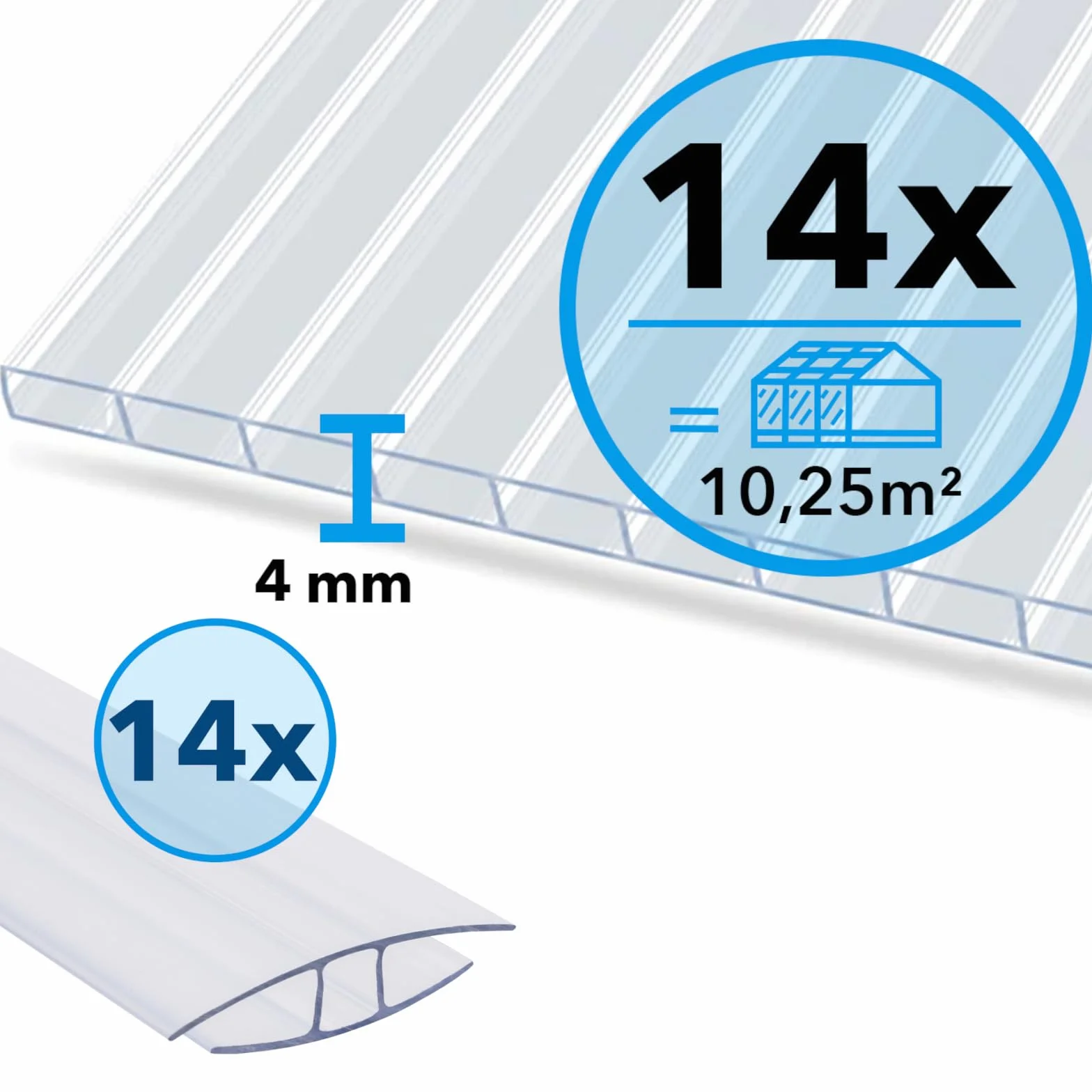 KARAT - Piastre alveolari in PVC traslucido per serra, giardino e veranda - Resistente ai raggi UV e impermeabile - Kit di 14 piastre e 14 connettori - 60,5 x 121 cm, spessore 4 mm