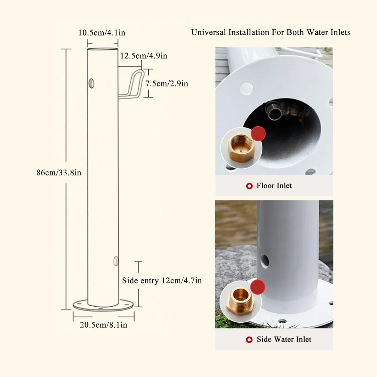 Fontana da Giardino Esterno con Struttura a Colonna con Staffa per Appendere Il Tubo e Doppio Rubinetto, Fontanella a Colonna In Acciaio Inox 86cm