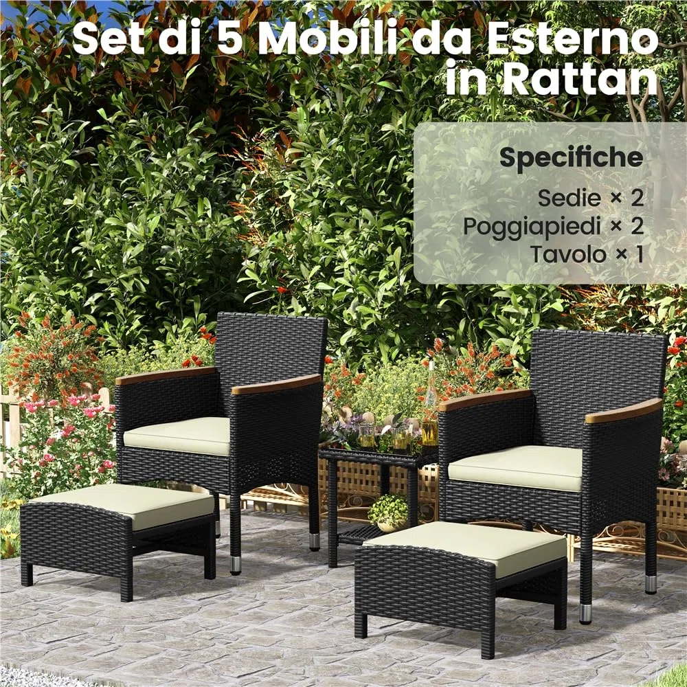 Yaheetech Set di 5 Mobili da Giardino in Rattan PE Mobili da Balcone con 2 Poltrone 2 Poggiapiedi 1 Tavolino in Vetro per Esterno Patio Terrazza Nero/Beige