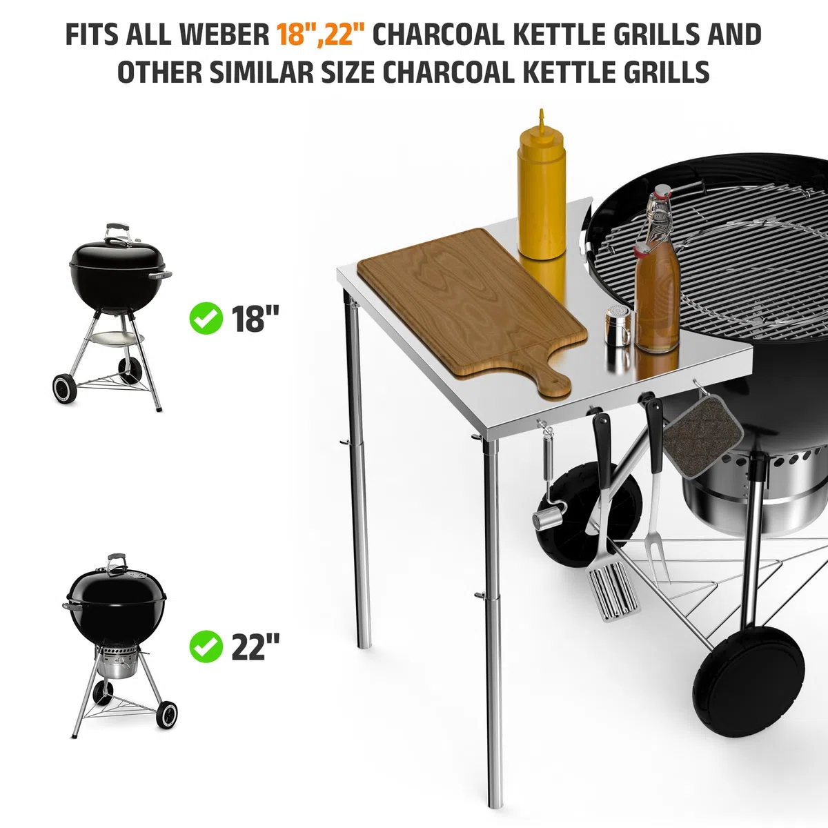 onlyfire Tavolino da Barbecue, Ripiano Laterale Accessori per Barbecue, Tabella di Lavoro dell'acciaio Inossidabile per Le Griglie del Carbone di Legna del Bollitore di Weber
