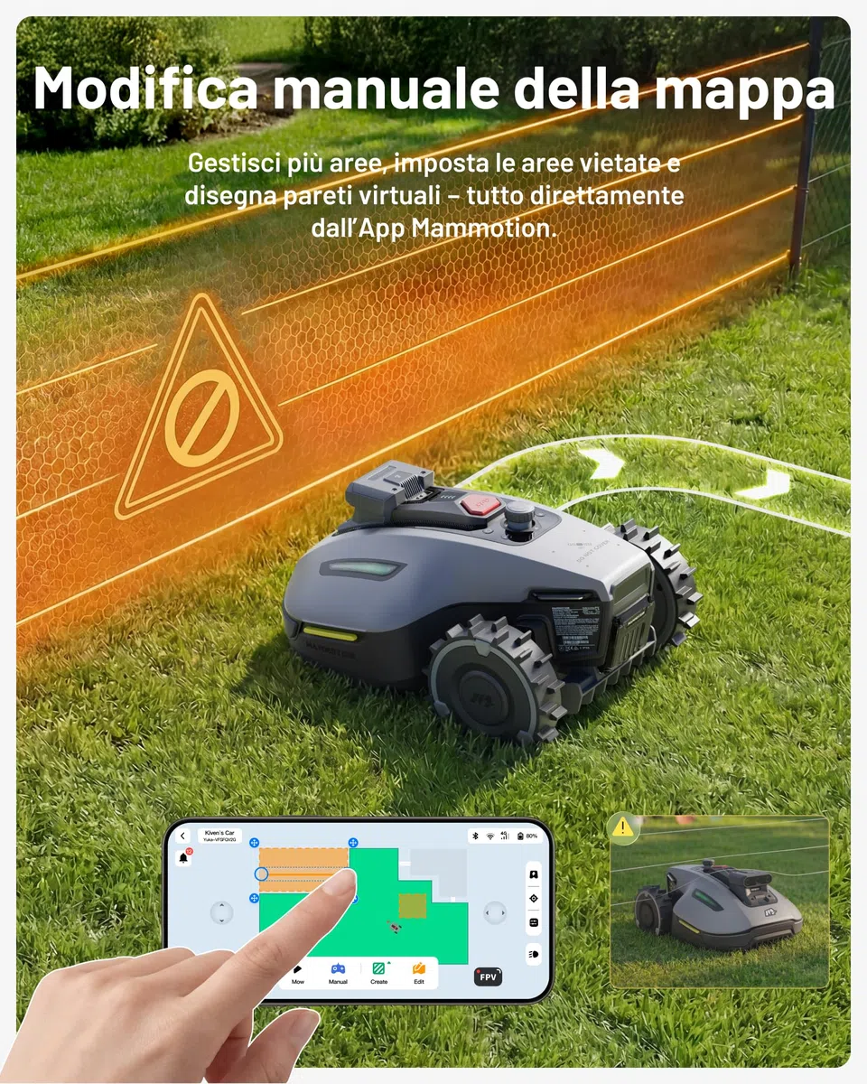 MAMMOTION YUKA mini 2 500 Robot Tagliaerba senza Cavo, Nessuna Perdita di Segnale, Senza RTK, Visione AI Tri-Cam, DropMow, Mappatura Auto Multi-zona