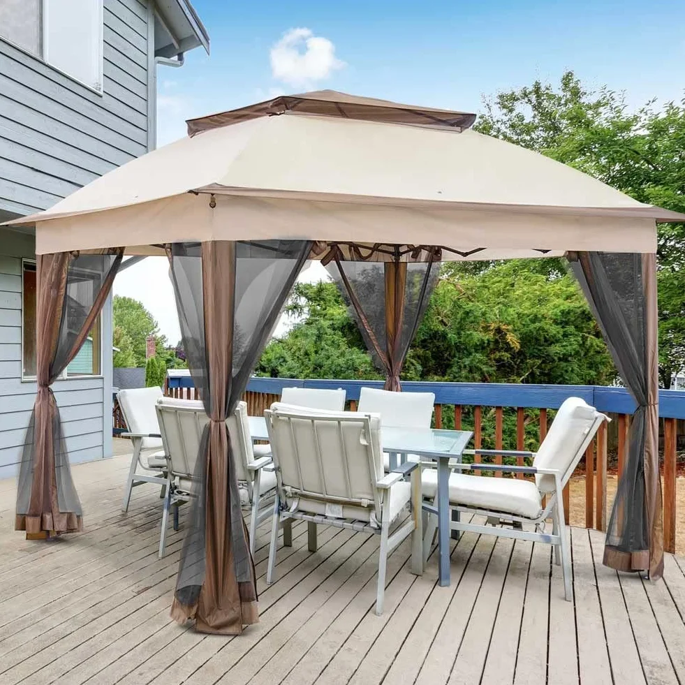 BAKAJI Gazebo 3 x 3 metri Pieghevole con Zanzariere Tessuto Poliestere Impermeabile Struttura in Metallo Richiudibile a Fisarmonica Tendone Portatile Fiera Mercato Giardino Esterno + Custodia Beige